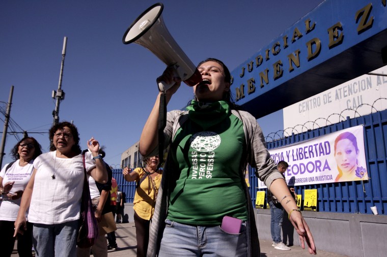 Image: Women protest outside a courtroom demanding the release of women prisoners who are serving sentences for having an abortion in San Salvador, El Salvador, on Dec. 13, 2017.