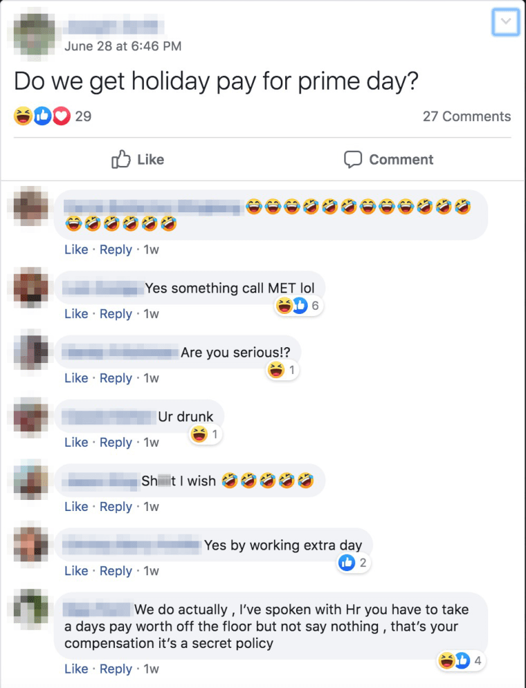 A screenshot from a Facebook group in which Amazon warehouse workers discussed Prime Day.