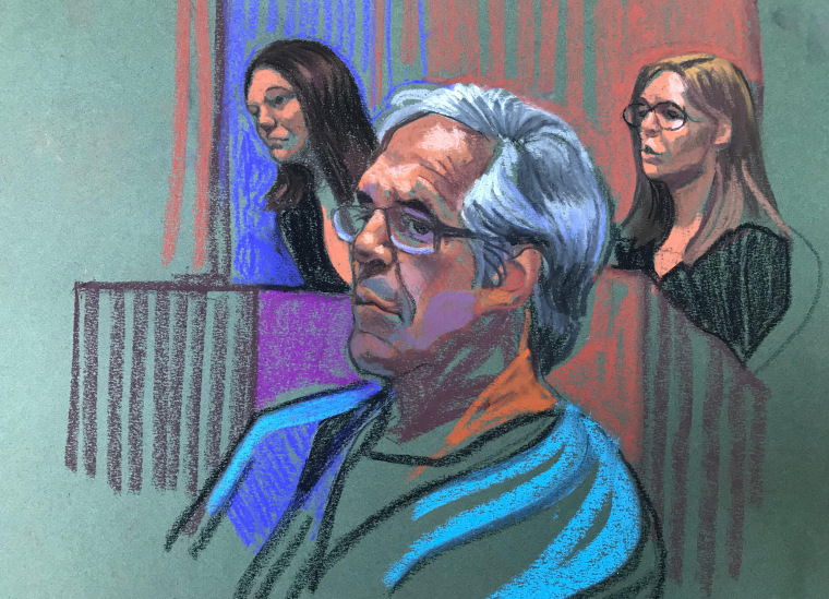 Image: Jeffrey Epstein appears at a court hearing as two alleged victims, Courtney Wild, left, and Annie Farmer, on July 15, 2019.
