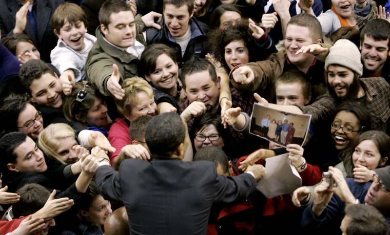 Image: Barack Obama greets an enthusiastic crowd before a campaign speech in Denver on Jan. 30, 2008.