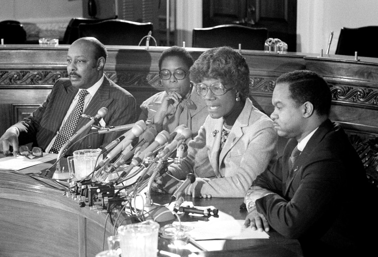 Image: Members of the Congressional Black Caucus, including Rep. Shirley Chisolm and Rep. Cardiss Collins, announce their support of Sen. Ted Kennedy for president on March 6, 1980.