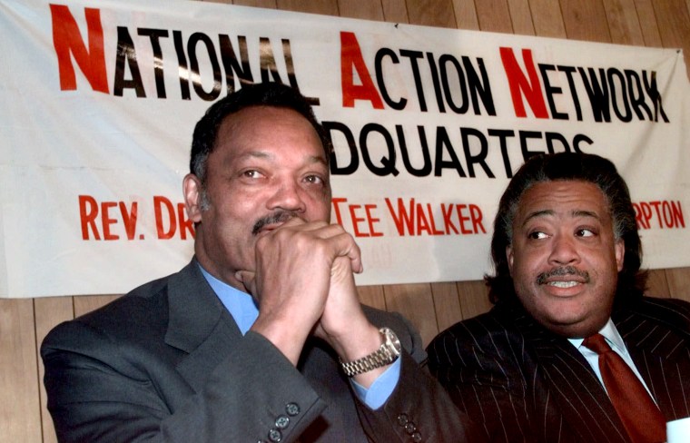 Image: Rev. Jesse Jackson and Rev. Al Sharpton attend a press conference at the National Action Network headquarters in Harlem, New York, on April 14, 1999.