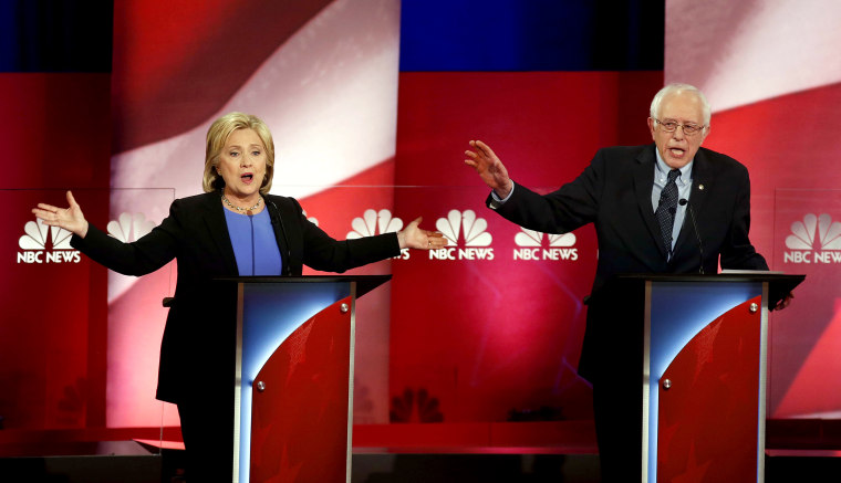 Image: Hillary Clinton and Sen. Bernie Sanders talk over one another during a primary debate in Charleston, South Carolina, on Jan. 17, 2016.