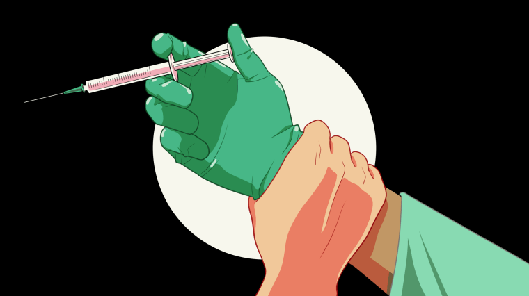Illustration of hand grabbing the wrist of a nurse about to inject a vaccine.