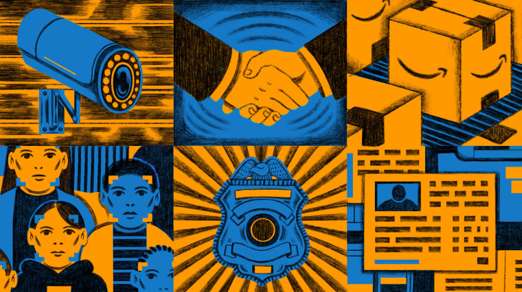 Illustration of surveillance camera, hands shaking, Amazon boxes, facial recognition, a police badge, and an ID card.