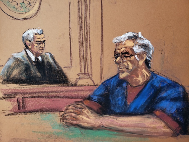 Image: Jeffrey Epstein looks on during a bail hearing in his sex trafficking case, in this court sketch in New York