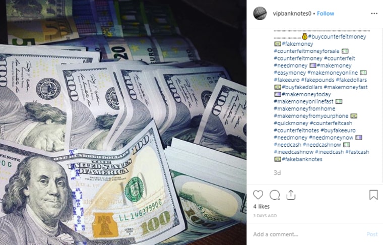 On Instagram, counterfeit cash is for sale — and a short search away