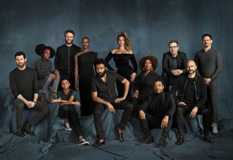 From left, Billy Eichner (Timon), Shahadi Wright Joseph (Young Nala), JD McCrary (Young SImba), Seth Rogen (Pumbaa), Florence Kasumba (Shenzi), Donald Glover (Simba), Beyoncé Knowles-Carter (Nala), Alfre Woodard (Sarabi), Chiwetel Ejiofor (Scar), John Oliver (Zazu), Keegan-Michael Key (Kamari) and Eric André (Azizi).