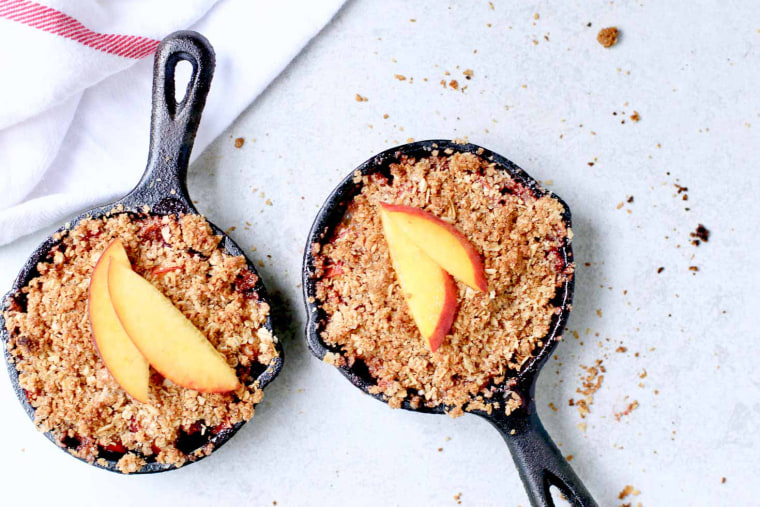 This healthy peach crisp is an easy summer dessert packed with juicy peaches and a crisp oat topping. One that Marisa Moore calls "peach cobbler meets crispy oatmeal cookie".