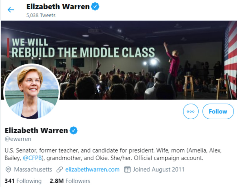 Elizabeth Warren's official Twitter page for her presidential campaign is touting a new addition to its bio: her pronouns.