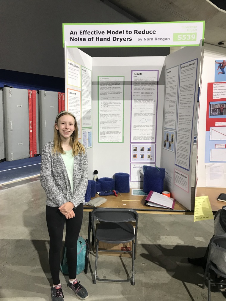 Now 13, Nora Keegan first started examining whether hand dryers were too loud for children's ears. After discovering that many popular models were too loud for children, she designed models to make the dryers quieter, showing the industry there are ways to modify the dryers. 