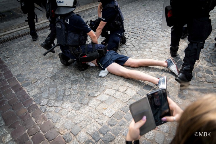 Image: Police detain a protester during a demonstration against a Pride Parade in Bialystok, Poland, on July 20, 2019.