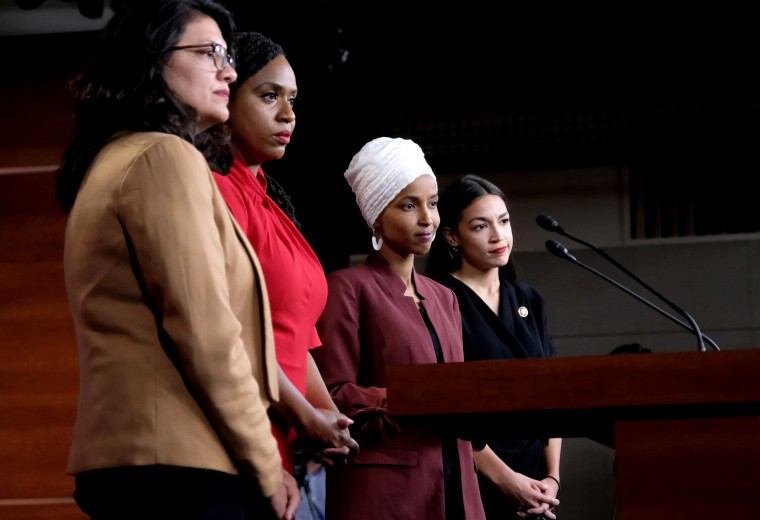 Image: Representatives Rashida Tlaib, Ayanna Pressley, Ilhan Omar, and Alexandria Ocasio-Cortez attend a press conference at the Capitol on July 15, 2019.