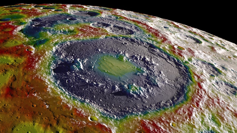 A gravity map of the moon's southern latitudes overlaid on terrain based on data from NASA's Lunar Reconnaissance Orbiter