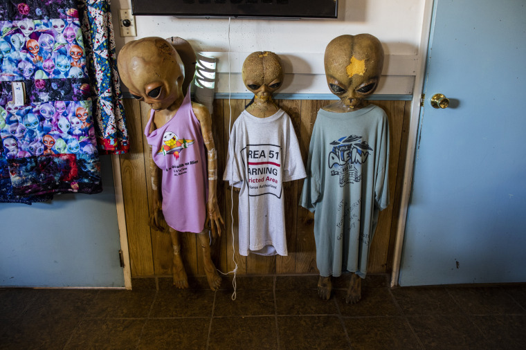 A display of aliens at the Little A'Le'Inn in Rachel, Nevada.