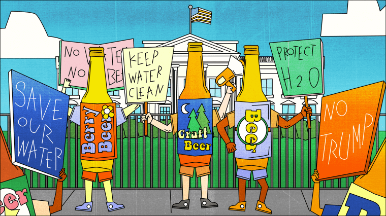 Illustration of craft beer bottle protesting for clean water in front of the White House.