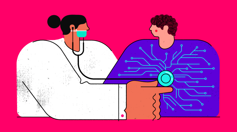 Illustration of doctor using a stethoscope on a patient with AI circuits surround it.