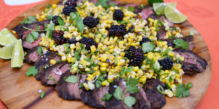 Bobby Flay's Spiced Rubbed Skirt Steak with Charred Jalapeno Pesto + Michael Symon's Skirt Steak with Corn and Blackberry Salad