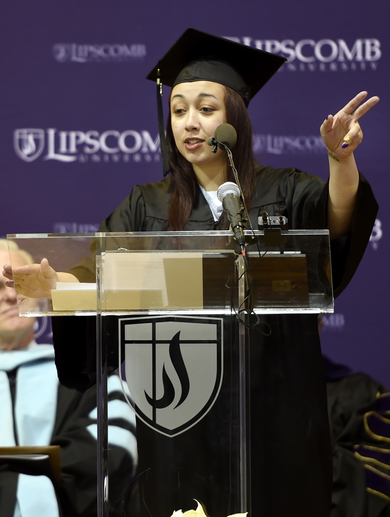 Image: Inmate Cyntoia Brown of the Tennessee Prison for Women delivers a commencement address before receiving her associate degree from Lipscomb University, Dec. 18, 2015.