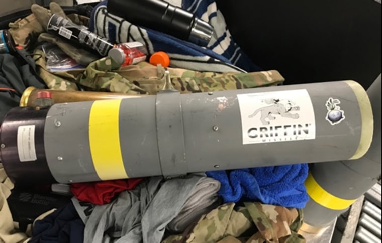 Transportation Security Administration officers at Baltimore/Washington International Thurgood Marshall Airport detected a missile launcher in a man's checked luggage early this morning, July 29, 2019.