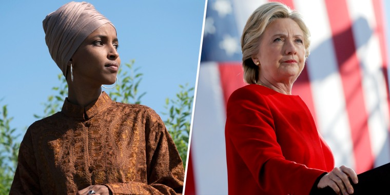 Rep. Ilhan Omar, D-Minn., and former U.S. Secretary of State and 2016 Democratic presidential nominee Hillary Clinton.