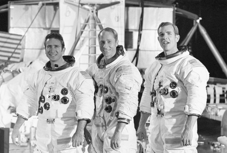 Apollo 15 astronauts James B. Irwin, from left, Alfred M. Worden, and David R. Scott,  at the Space Center in Houston on Jan. 1971.