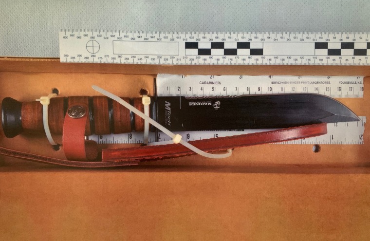 Image: A photo of the knife Italian police say American Finnegan Lee Elder used to stab a police officer in Rome.