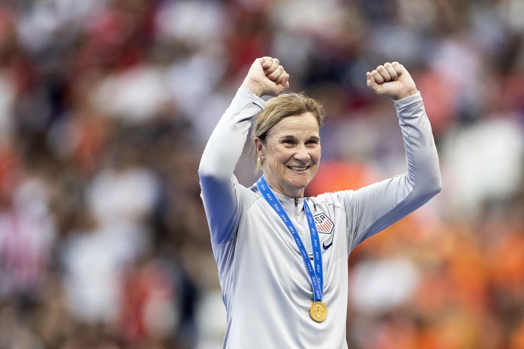 Image: Jill Ellis, head coach of the United States women's soccer team, celebrates following her sides victory in the 2019 FIFA Women's World Cup in France on July 7, 2019.