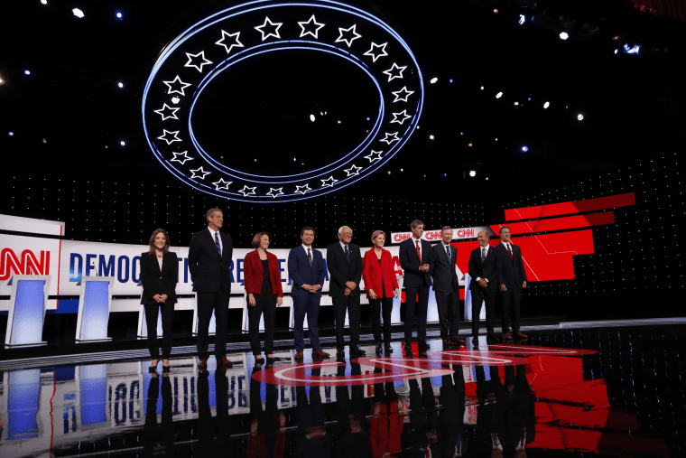 Image: the stage for the first of two Democratic presidential primary debates