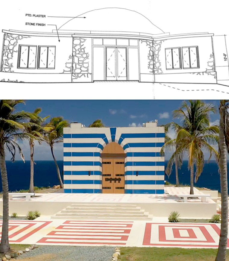 The plans for the pavilion, top, called for a different design than what was completed, bottom.