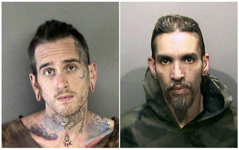 FILE - This combination of June 2017, file booking photos provided by the Alameda County Sheriff's Office shows Max Harris, left, and Derick Almena at Santa Rita Jail in Alameda County, Calif.