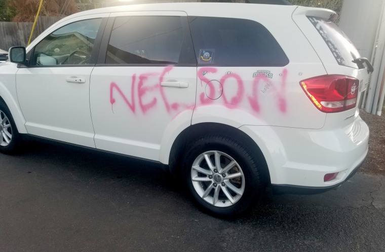 Image: Jacob Nelson turned homophobic graffiti into works of art after his family's home and car was vandalized in Salem, Oregon.