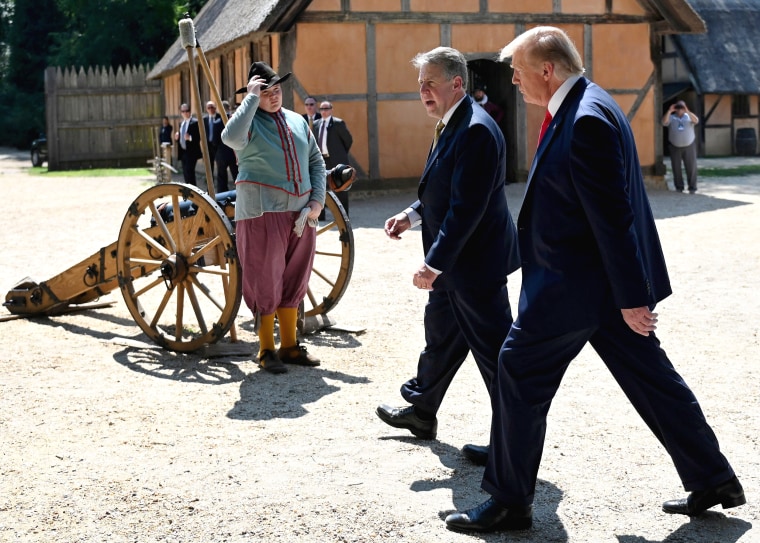Image: President Donald Trump takes a tour of the James Fort Replica during the 400th Anniversary of the First Representative Legislative Assembly at Jamestown, Virginia, on July 30, 2019.