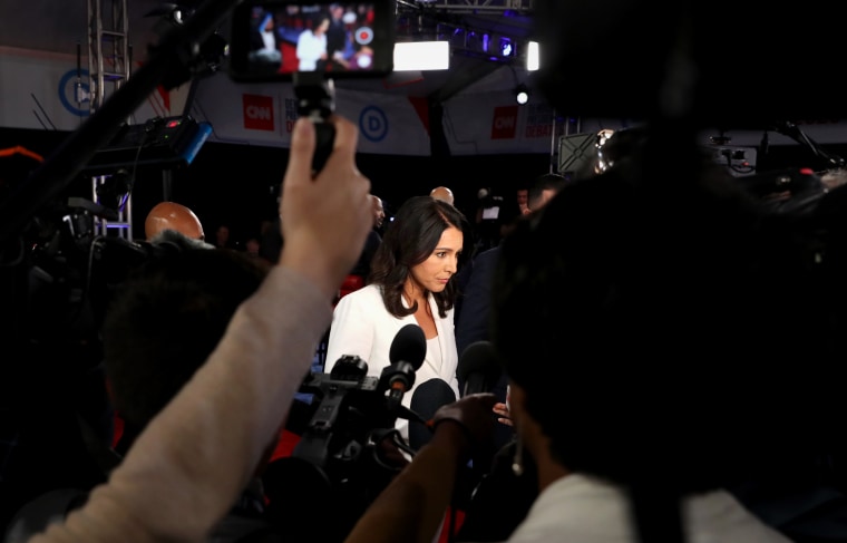 Image: Rep. Tulsi Gabbard, D-HI, speaks to the media after a Democratic presidential primary debate in Detroit on July 31, 2019.