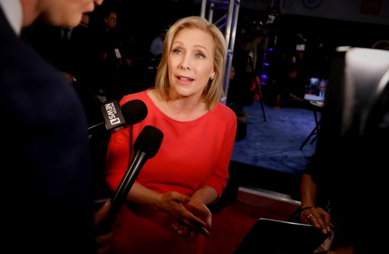 Image: Sen. Kirsten Gillibrand, D-NY, speaks to the press after a Democratic presidential primary debate in Detroit on July 31, 2019.