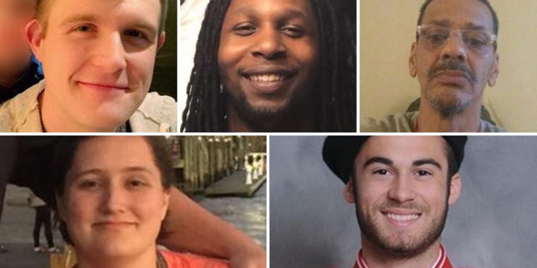 Image: From top left, clockwise: Logan M. Turner, Thomas J. McNichols, Derrick R. Fudge, Nicholas P. Cumer, and Megan K. Betts were killed in a mass shooting in Dayton, Ohio, on August 4, 2019.