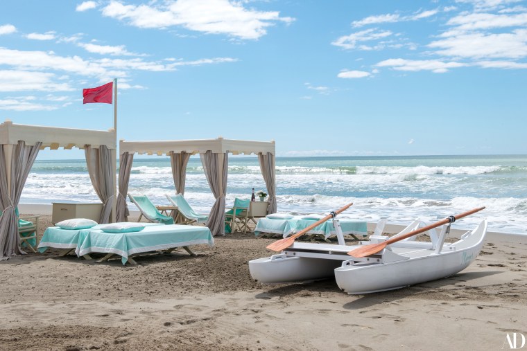 A beachside tent and massage tables at Andrea Bocelli's Alpemare Beach Resort off the Tuscan coast of Versilia.