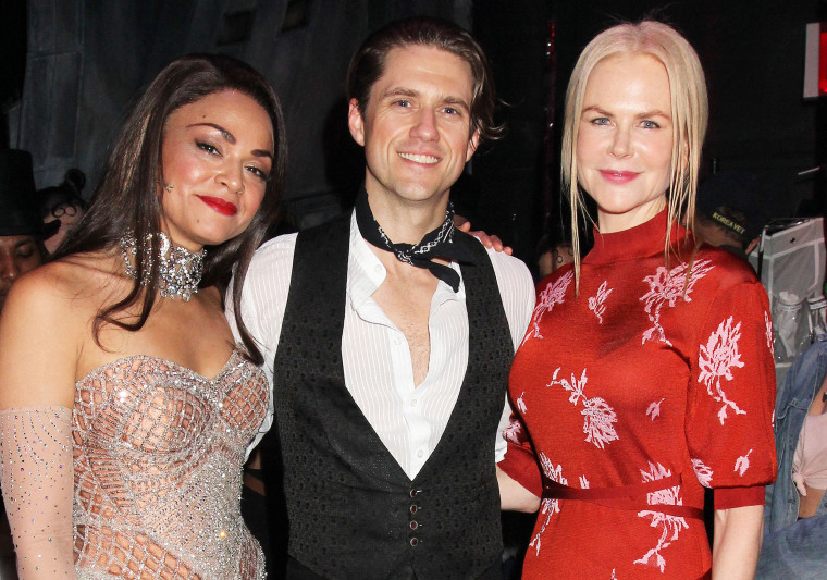 Karen Olivo, Aaron Tviet and Nicole Kidman pose backstage at "Moulin Rouge" at The Hirshfeld Theatre on August 9, 2019 in New York City. Bruce Glikas / Bruce Glikas/WireImage
