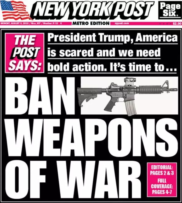 Image: In a front-page editorial, the New York Post newspaper appealed to President Donald Trump to ban assault weapons.