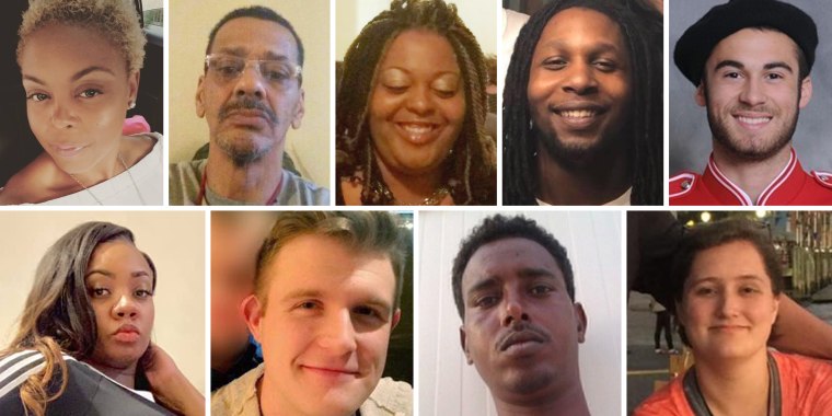 From top left, clockwise: Monica Brickhouse, Derrick Fudge, Beatrice Warren-Curtis, Thomas McNichols. Nicholas Cumer, Megan Betts, Saheed Saleh, Logan Turner, and Lois Oglesby were killed in a mass shooting in Dayton, Ohio, on Aug. 4, 2019.