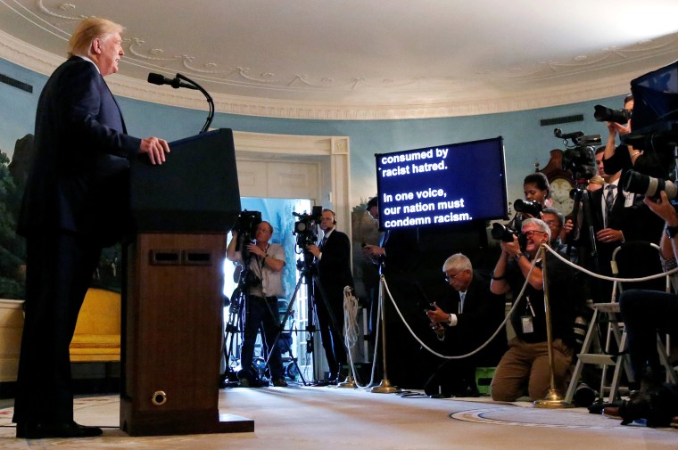 Image: President Donald Trump speaks about the shootings in El Paso and Dayton at the White House on Aug. 5, 2019.