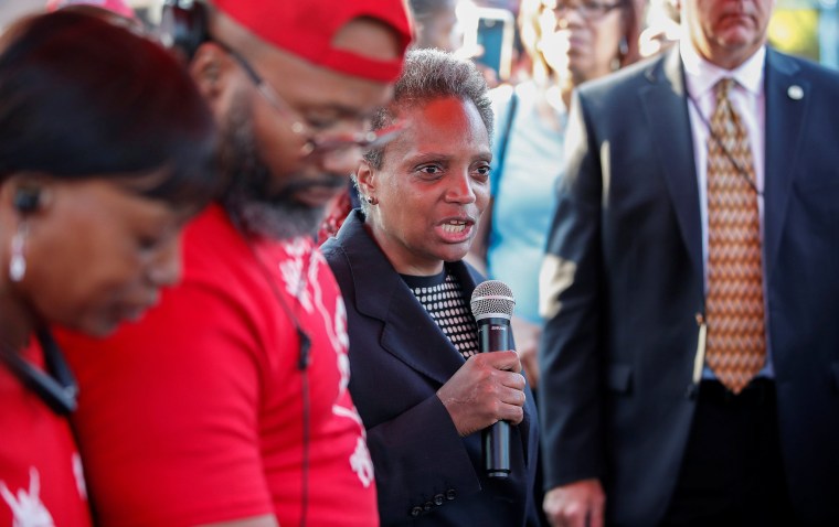 Image: Mayor Lori Lightfoot speaks during the National Night Out rally against violence in Chicago