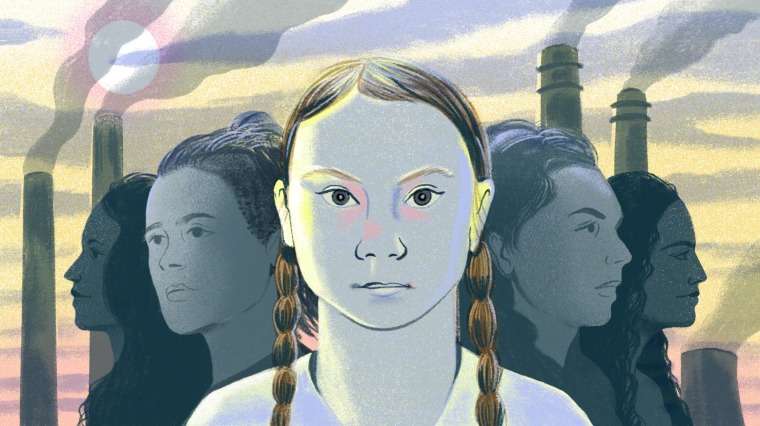 Illustration of Greta Thunberg surrounded by other young climate activists, with smoke stacks in the distance.