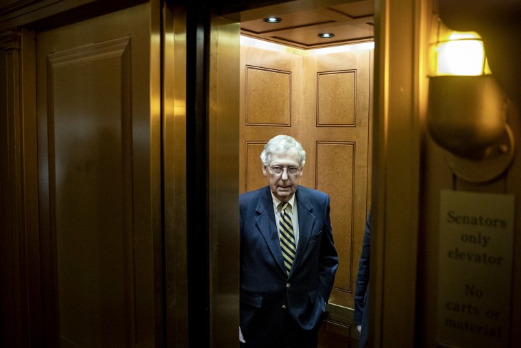 Image: Senate Majority Leader Mitch McConnell leaves his office at the Capitol on March 25, 2019.