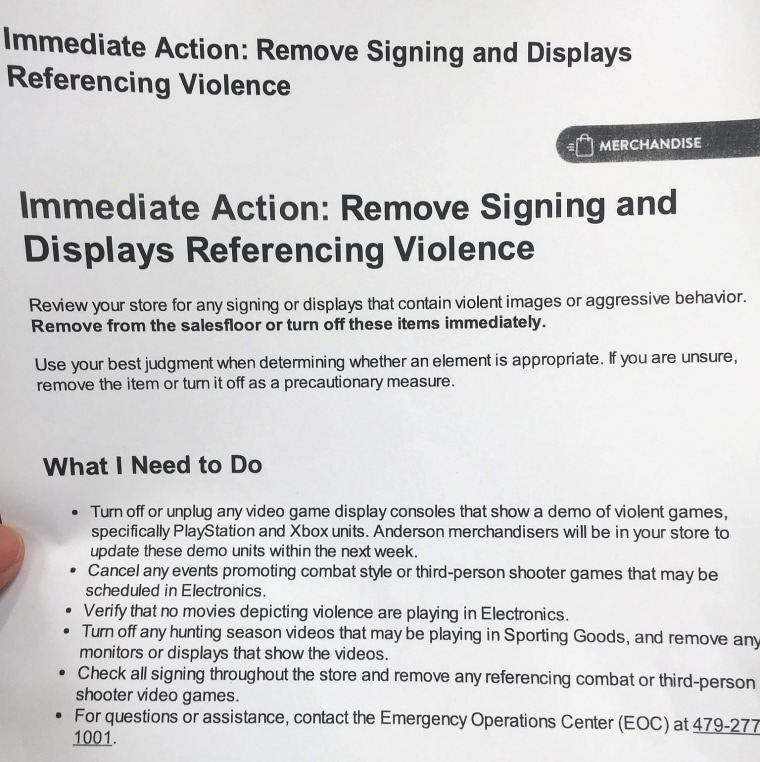 Walmart this week sent workers in its stores a notice telling them to take "immediate action," to "remove signing and displays referencing violence."