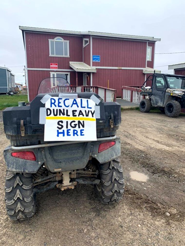 A sign outside a home in Utqiagvik, Alaska, the northernmost city in the U.S., calling for the recall of Gov. Dunleavy