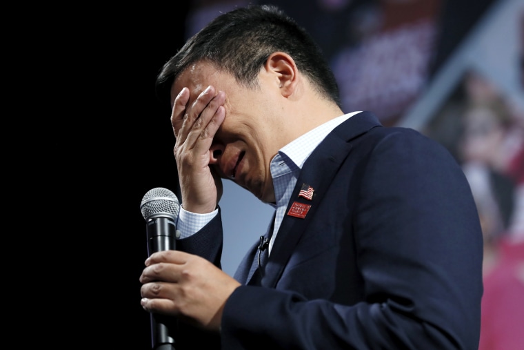 Image: Andrew Yang cries during the Presidential Gun Sense Forum in Des Moines, Iowa, on Aug. 10, 2019.
