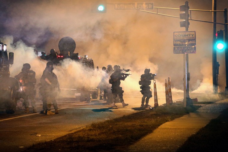 Image: Police attempt to control demonstrators protesting the killing of teenager Michael Brown