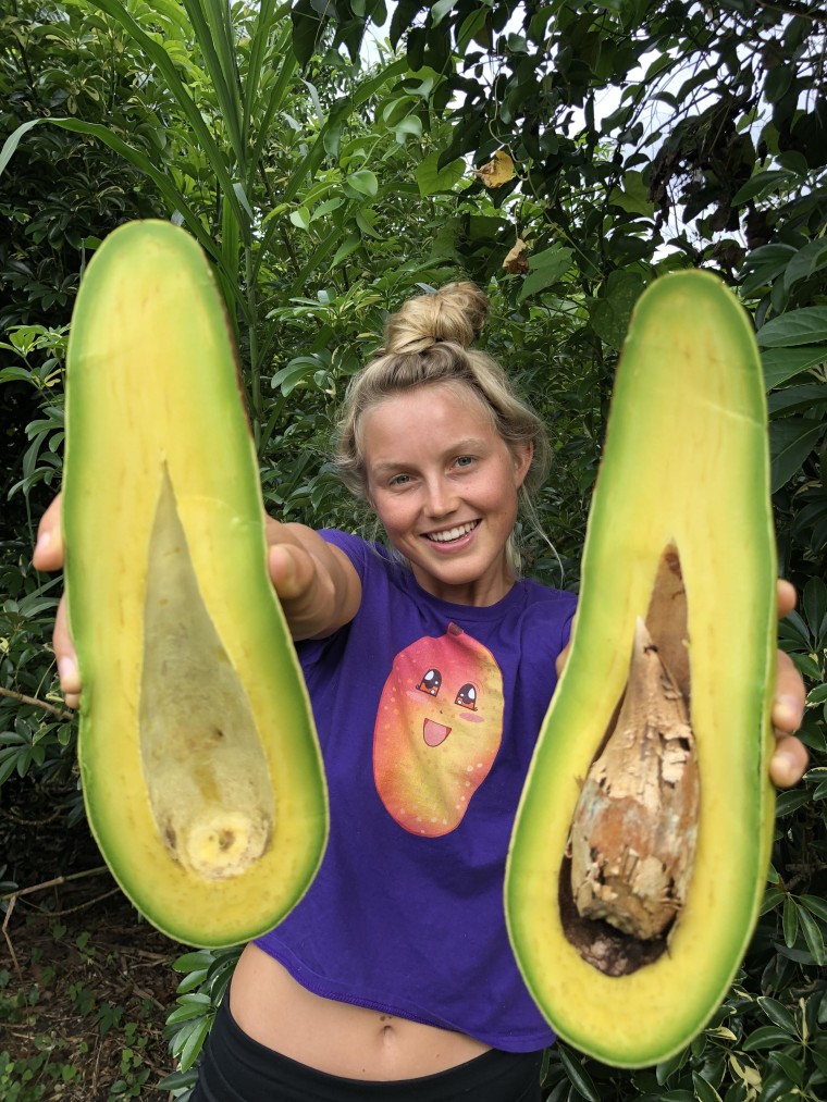 Girl holding a giant long neck avocado cut in half