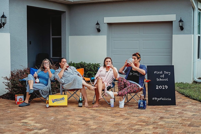 When the children of Bridgett Brown, Shawna Genua, Jennifer Patterson and Robin Kelly finally went back to school, the four moms took fun pictures to celebrate their excitement. 